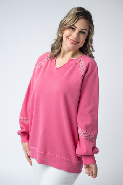 Michelle Mae Lace Accent Vintage Wash Pullover - Hot Pink