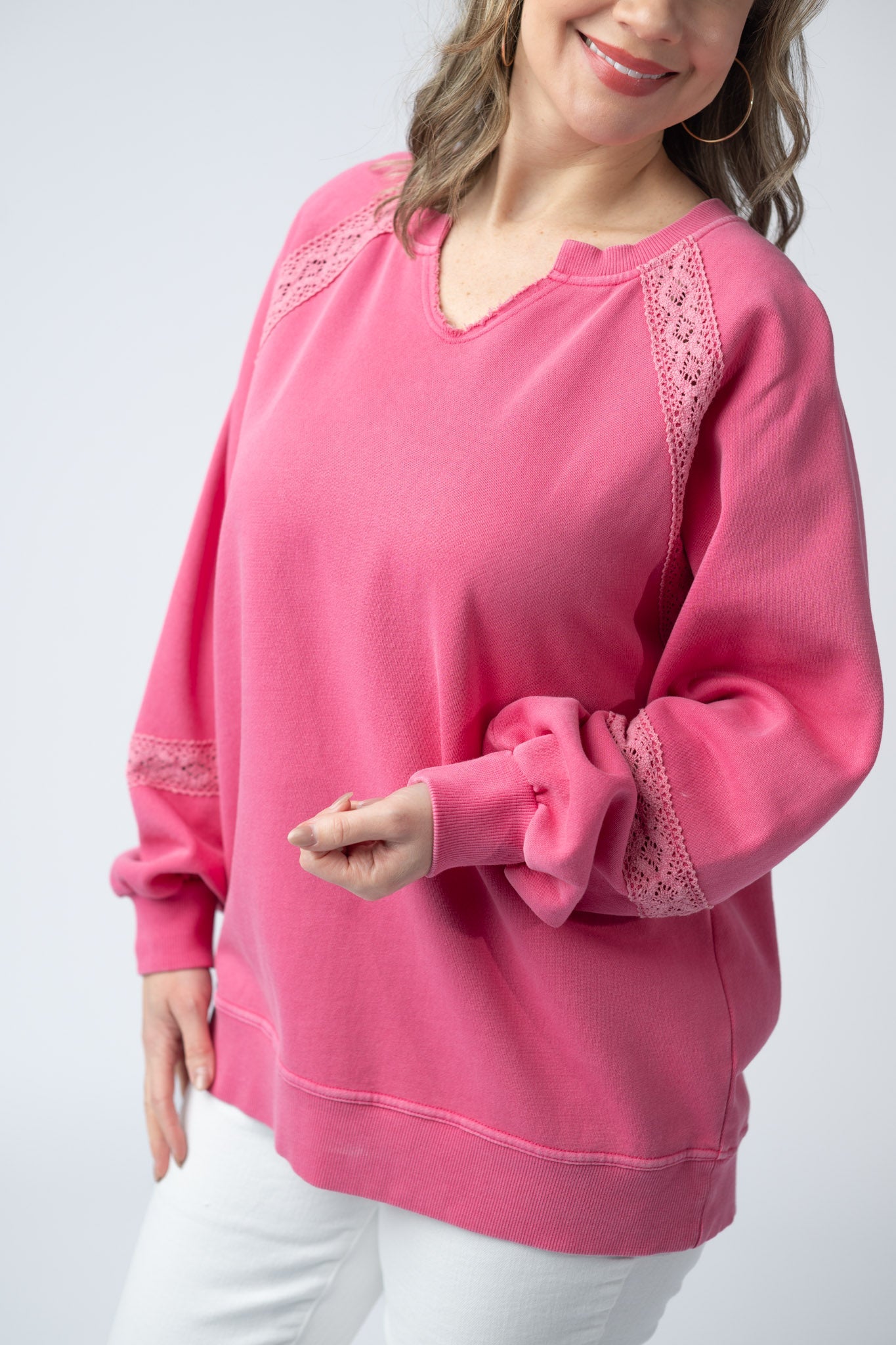 Michelle Mae Lace Accent Vintage Wash Pullover - Hot Pink