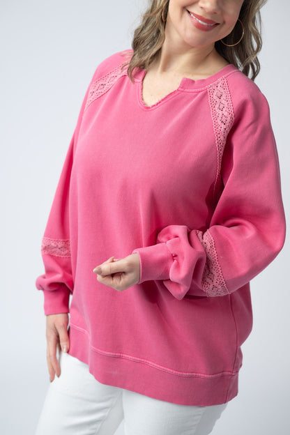 Michelle Mae Lace Accent Vintage Wash Pullover - Hot Pink