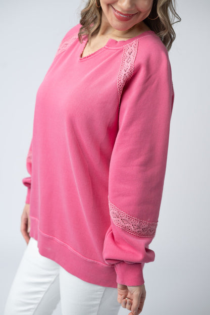 Michelle Mae Lace Accent Vintage Wash Pullover - Hot Pink