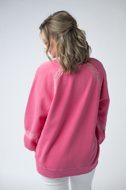 Michelle Mae Lace Accent Vintage Wash Pullover - Hot Pink