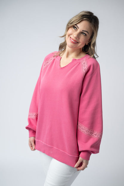 Michelle Mae Lace Accent Vintage Wash Pullover - Hot Pink