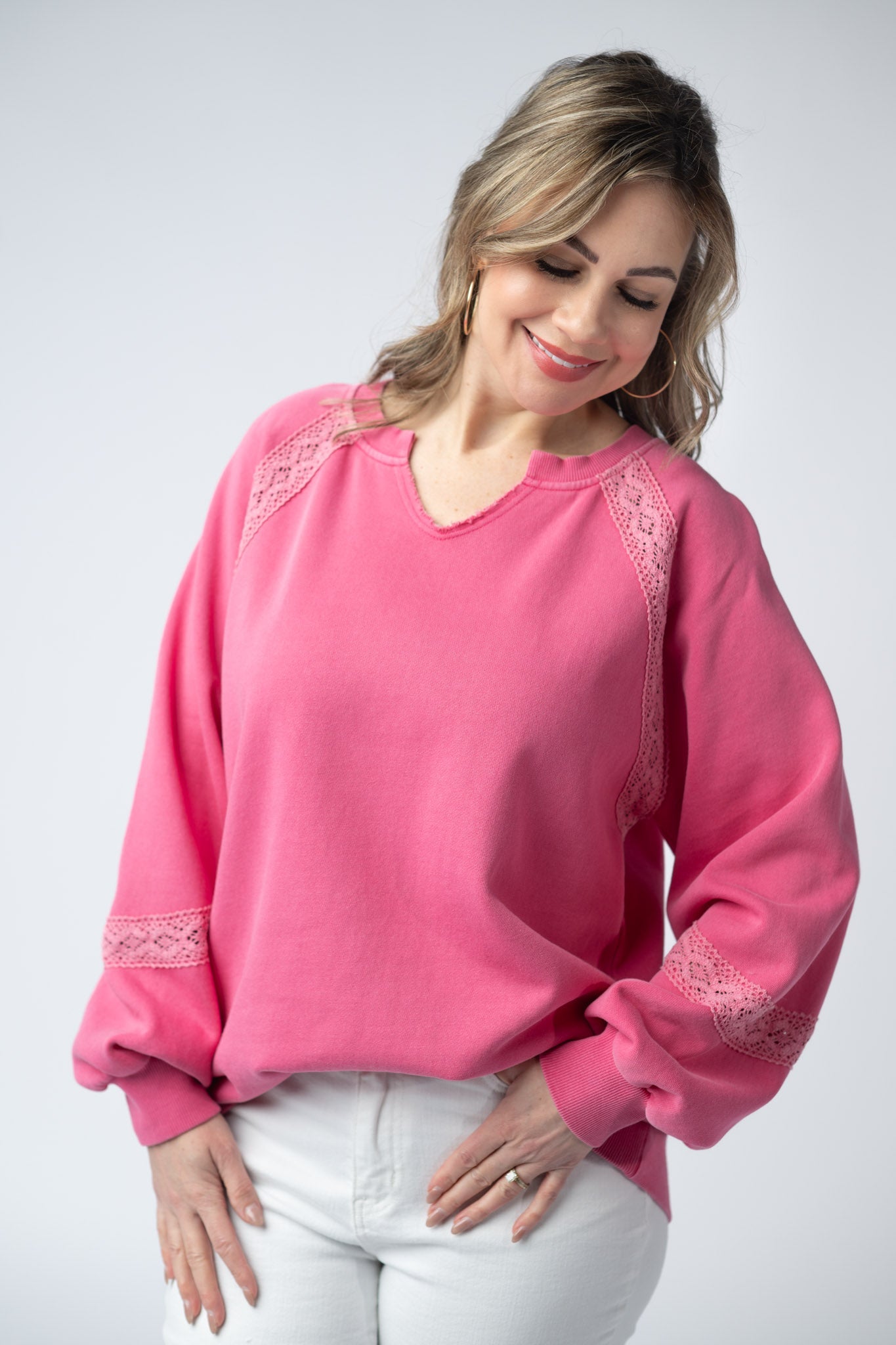 Michelle Mae Lace Accent Vintage Wash Pullover - Hot Pink
