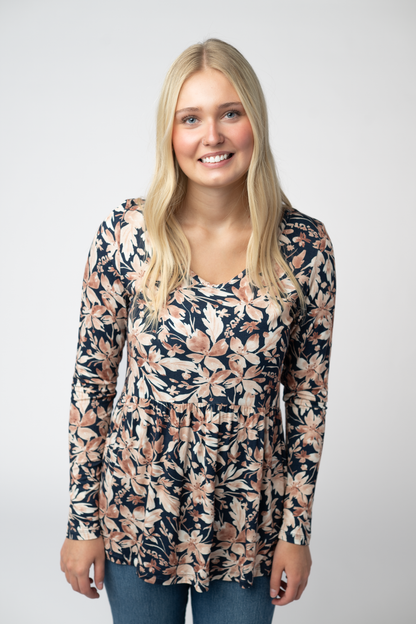Michelle Mae Long Sleeve Sarah Ruffle Top - Navy Autumn Petals