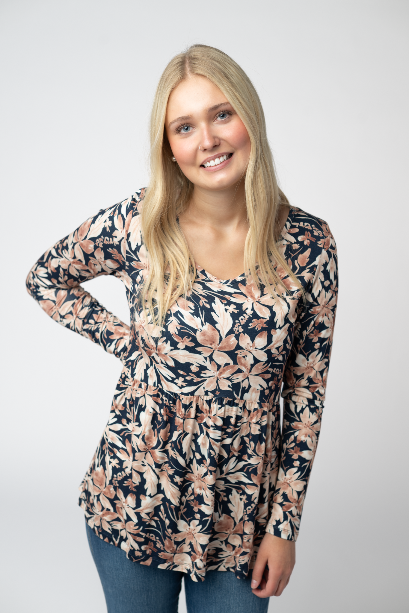 Michelle Mae Long Sleeve Sarah Ruffle Top - Navy Autumn Petals