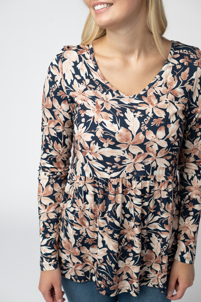 Michelle Mae Long Sleeve Sarah Ruffle Top - Navy Autumn Petals