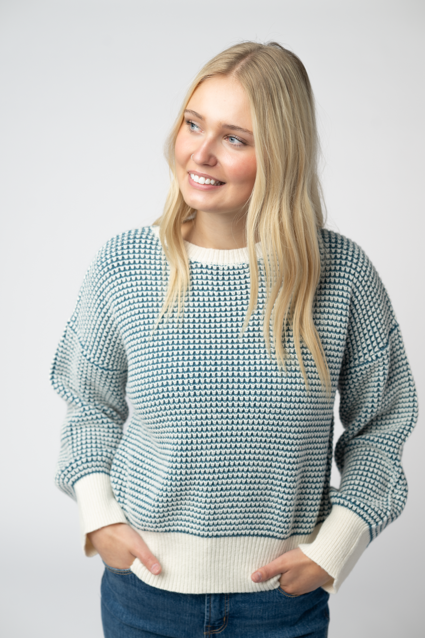 PREORDER Michelle Mae Charlotte Sweater - Teal and Ivory