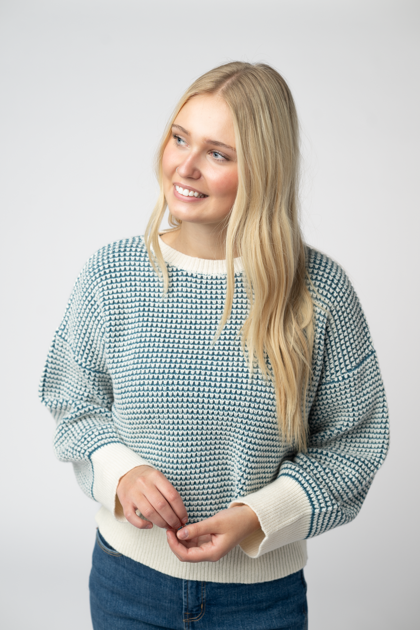 PREORDER Michelle Mae Charlotte Sweater - Teal and Ivory