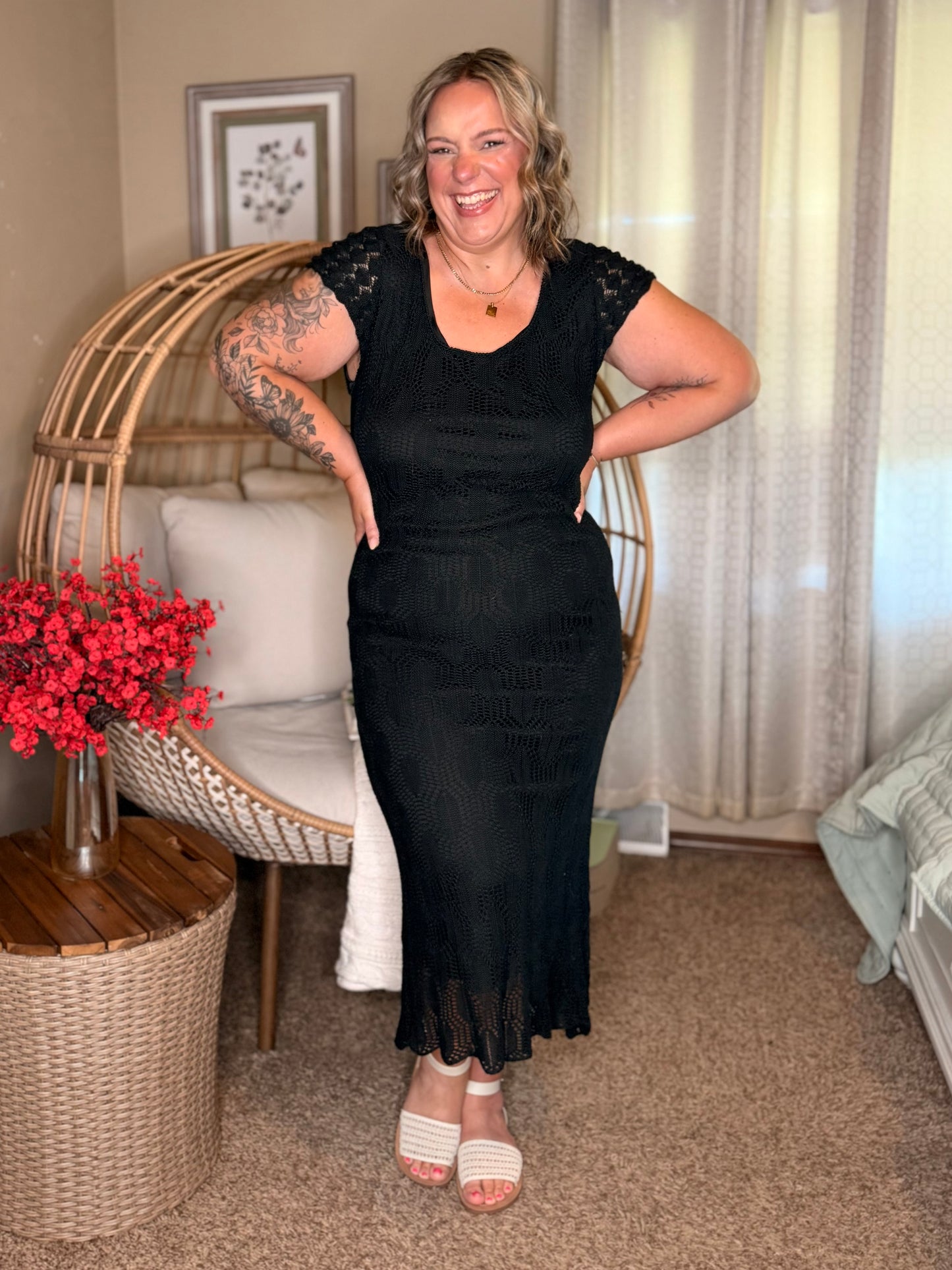 On the Town Lace Scoop Neck Dress in Black