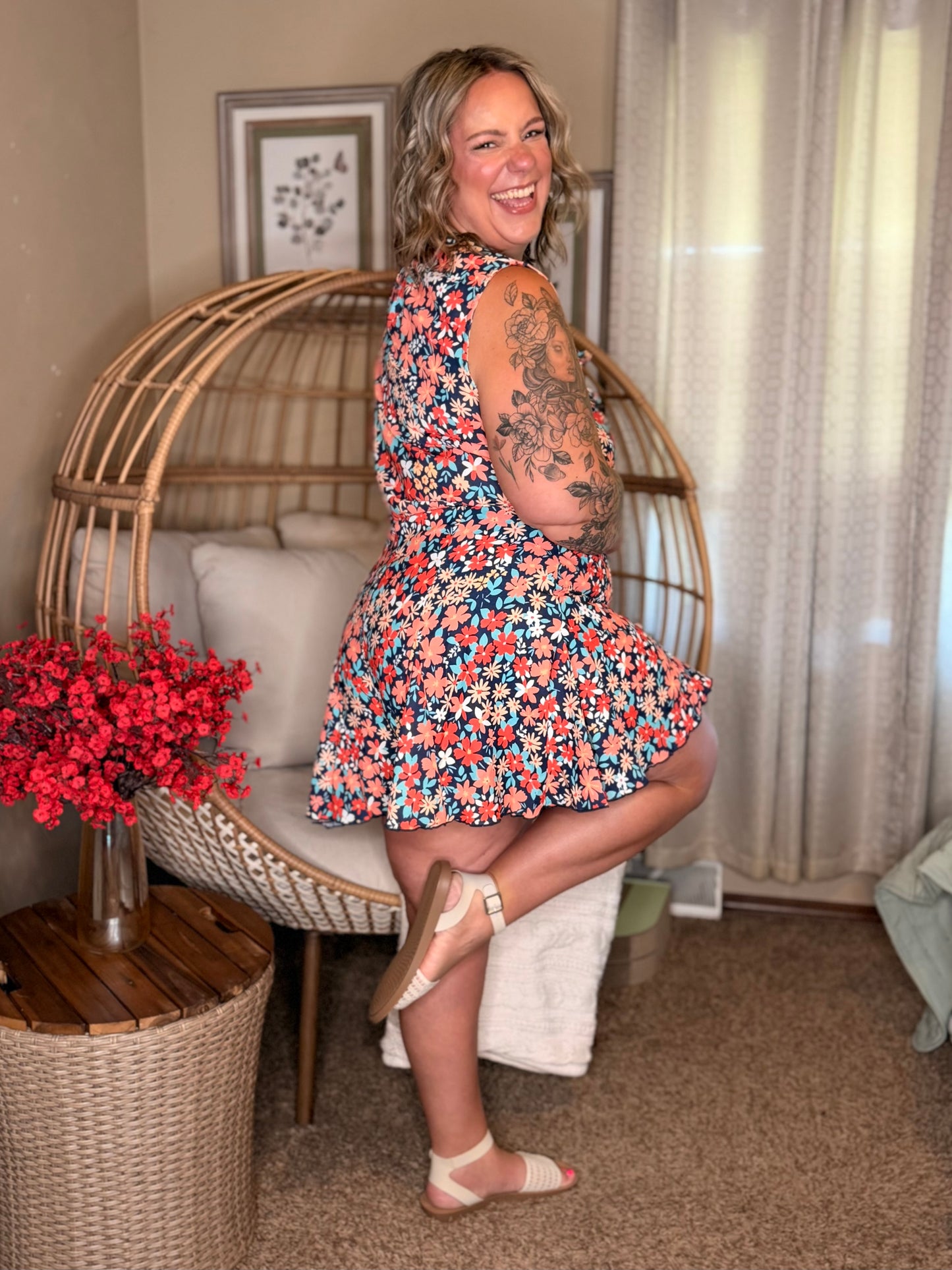 Meadow Mischief Sleeveless Romper in Navy/Orange/Teal