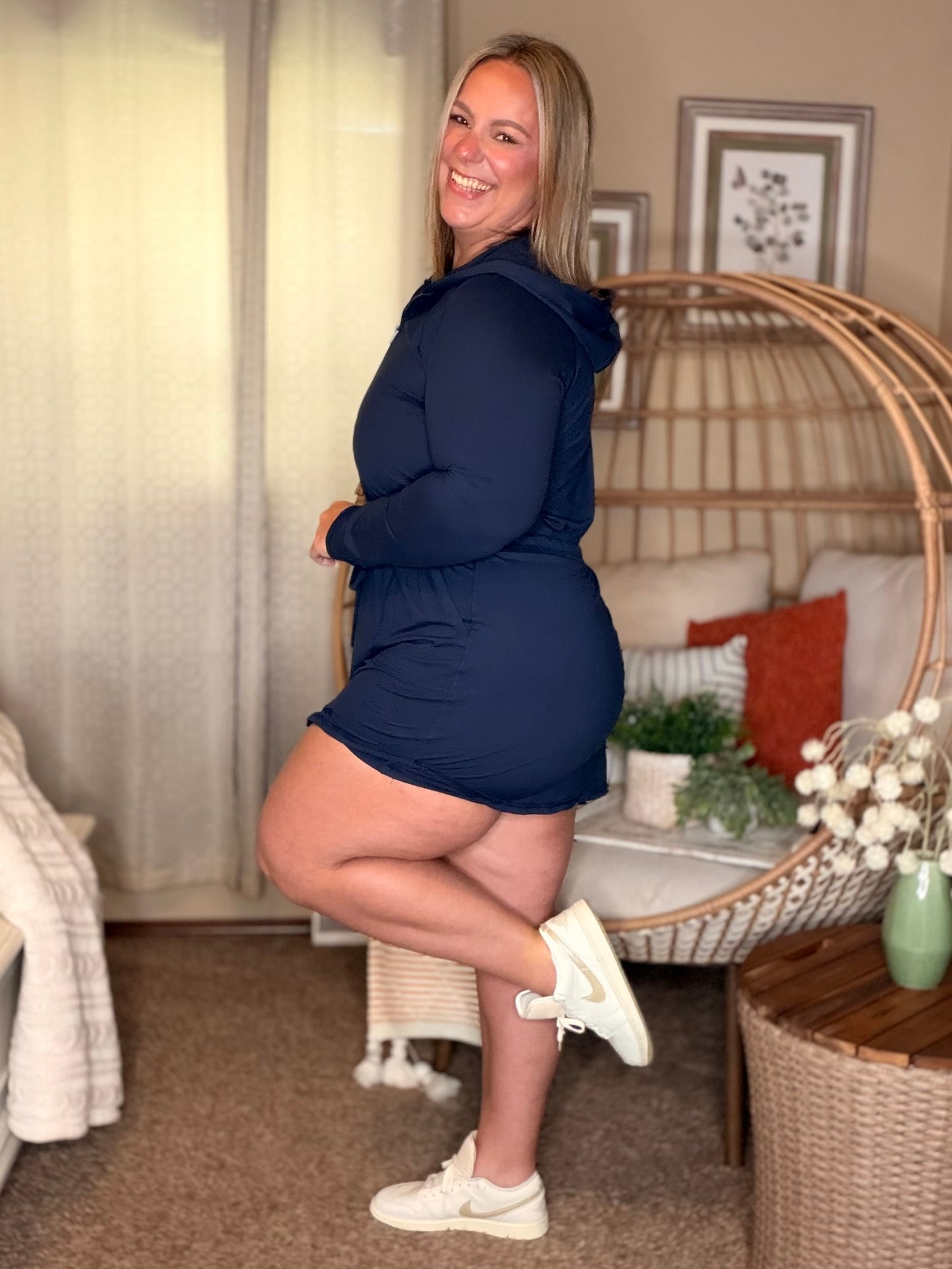 Getting Out Long Sleeve Hoodie Romper in Navy