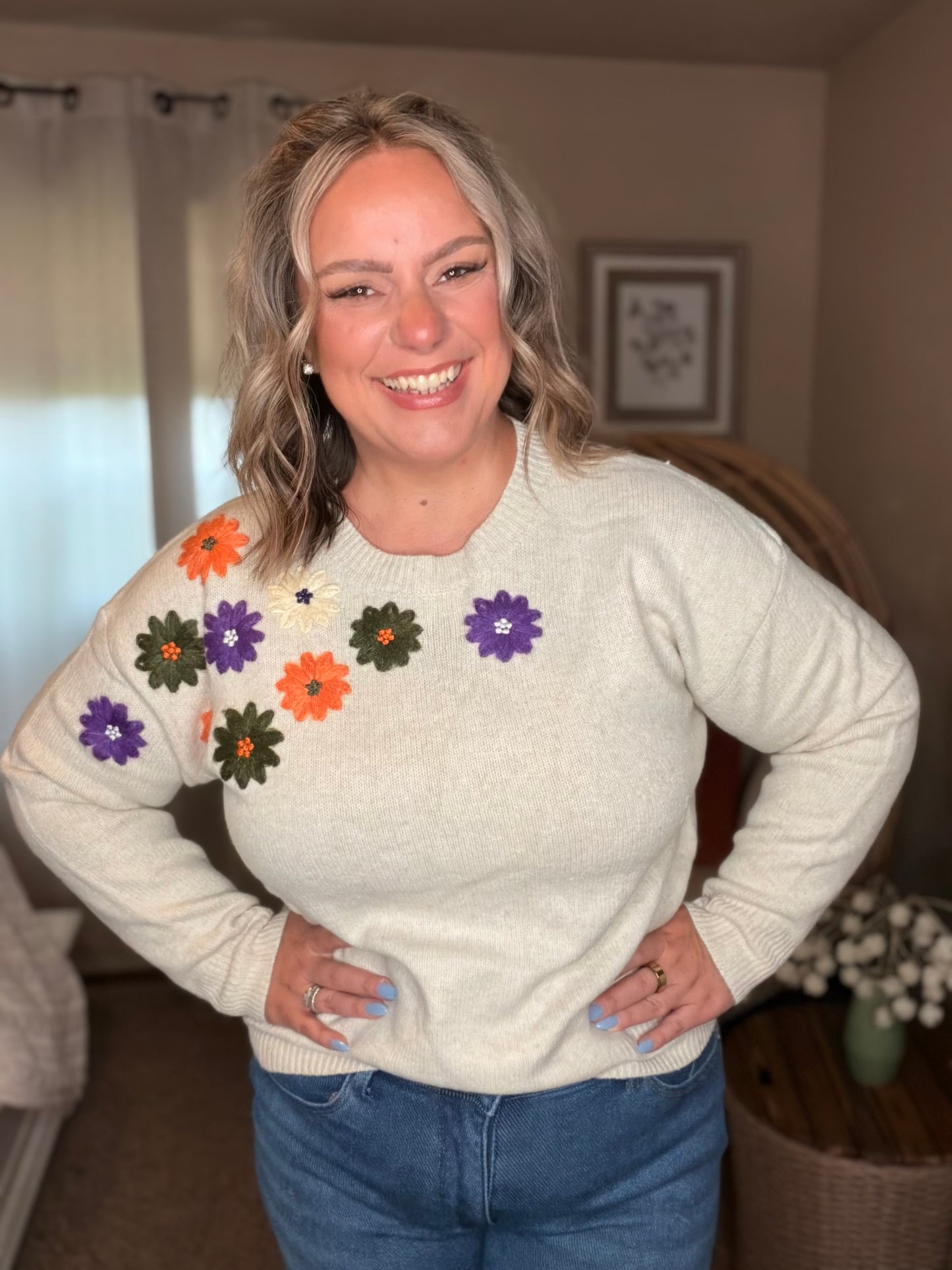 Michelle Mae Fall Floral Sweater - Beige
