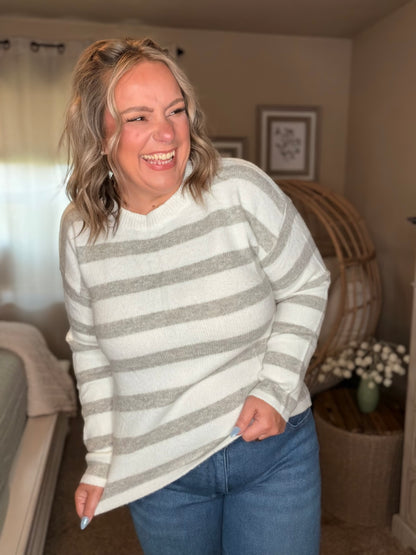Michelle Mae Cozy Stripe Sweater - Grey and White