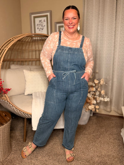 Too Cute to Compute Waist Tie Overalls in Dark Blue