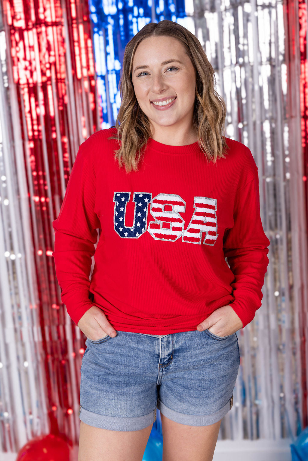 Michelle Mae Corrine Pullover Top - Red USA Flag