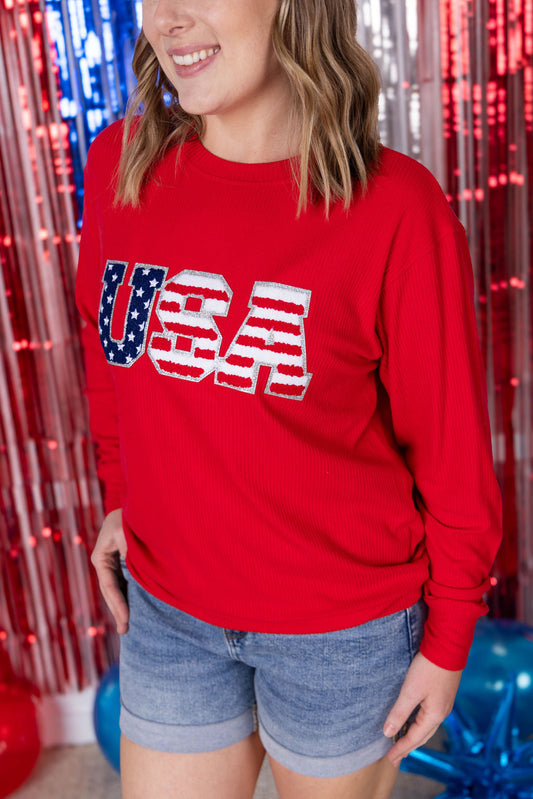 Michelle Mae Corrine Pullover Top - Red USA Flag