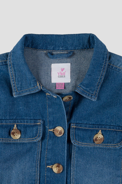 Girls Patch Pocket Oversized Denim Jacket with Fray Hem