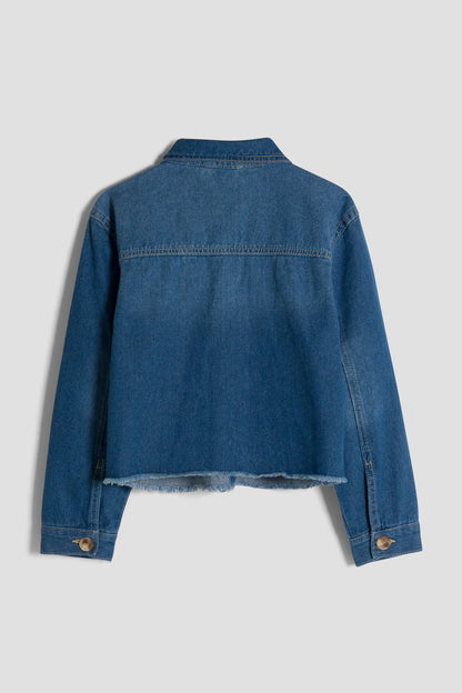 Girls Patch Pocket Oversized Denim Jacket with Fray Hem