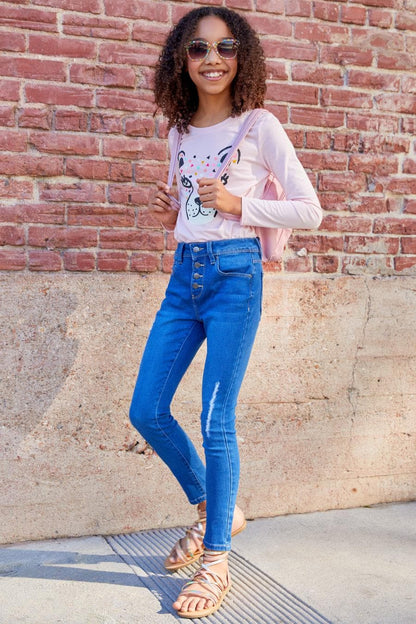 Girls Exposed Buttons High Rise Skinny Jean