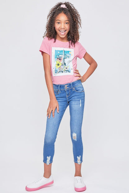 Girls Essential 2-Button Anklet Jeans W/Distressed Hem