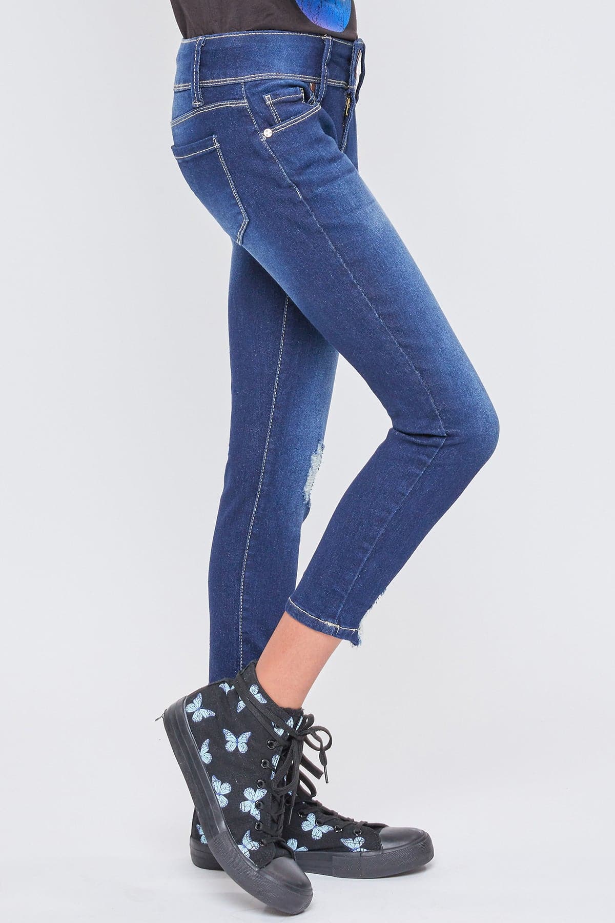 Girls Essential 2-Button Anklet Jeans W/Distressed Hem