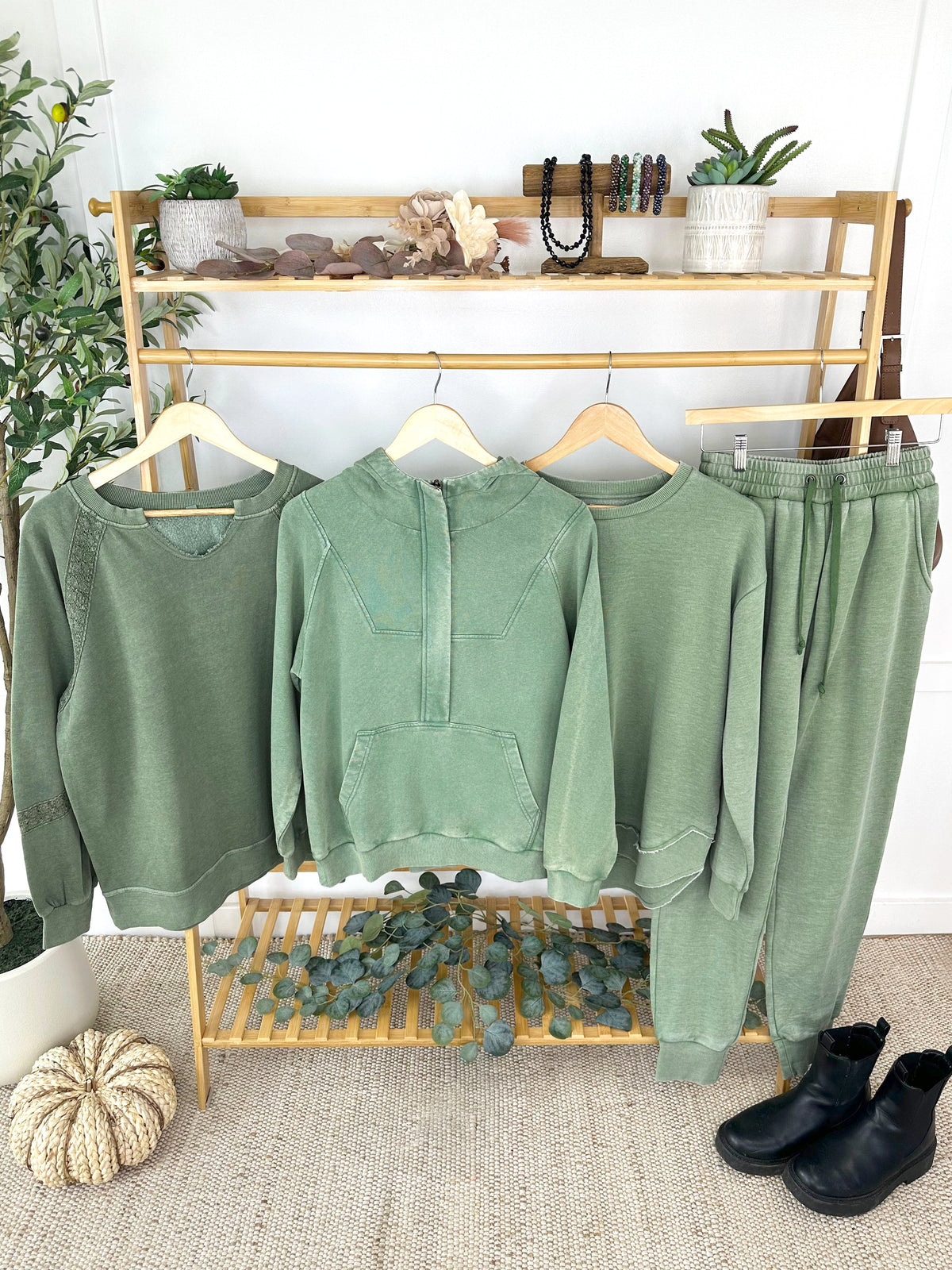 Michelle Mae Lace Accent Vintage Wash Pullover - Olive