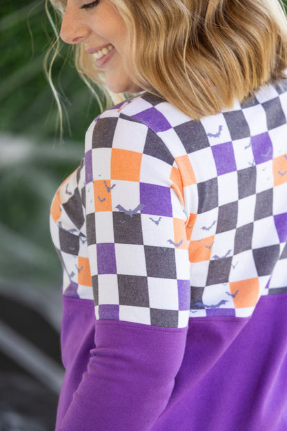 Michelle Mae Natalie Pullover - Checkered Bats and Purple