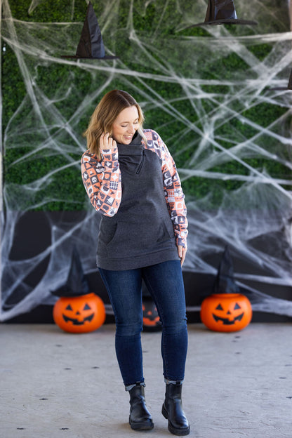 Michelle Mae Zoey ZipCowl Sweatshirt -Trick-or-Treat Checkered and Charcoal