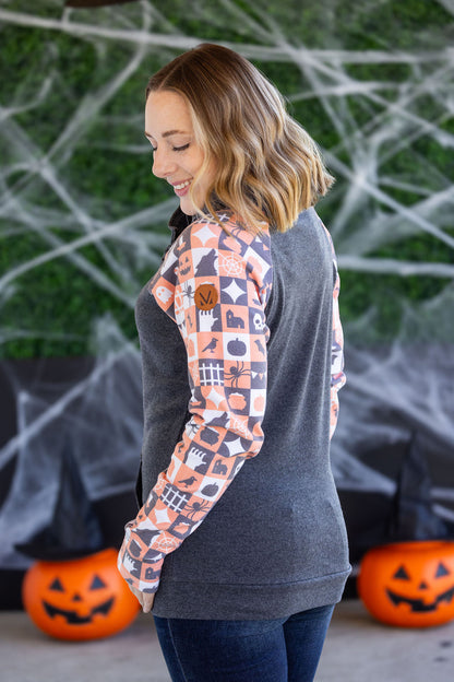 Michelle Mae Zoey ZipCowl Sweatshirt -Trick-or-Treat Checkered and Charcoal