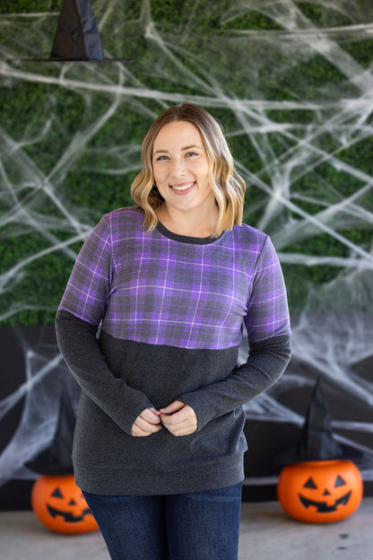 Michelle Mae Natalie Pullover - Purple Plaid and Charcoal