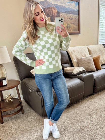 Michelle Mae Checkered Sweater - Sage and White