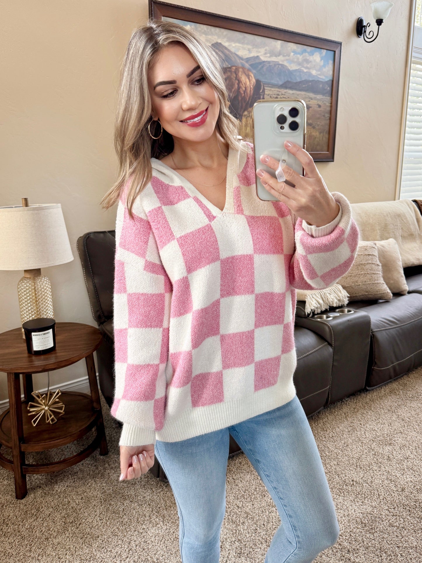 Michelle Mae Checkered Hoodie - Pink and White