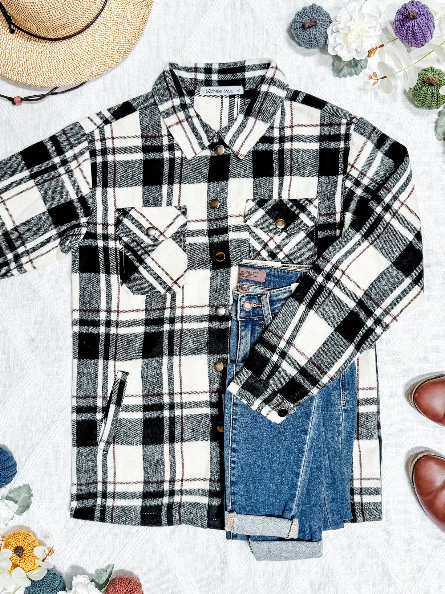 Michelle Mae Norah Plaid Shacket - Ivory and Black