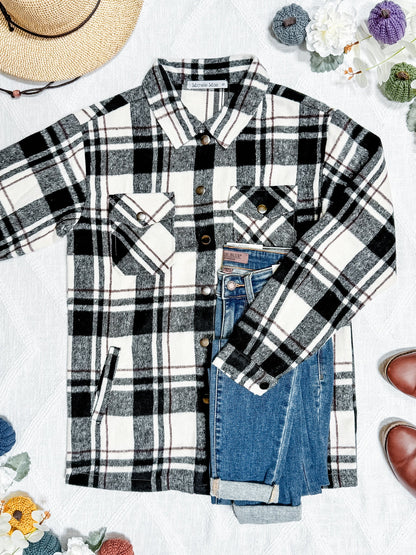 Michelle Mae Norah Plaid Shacket - Ivory and Black