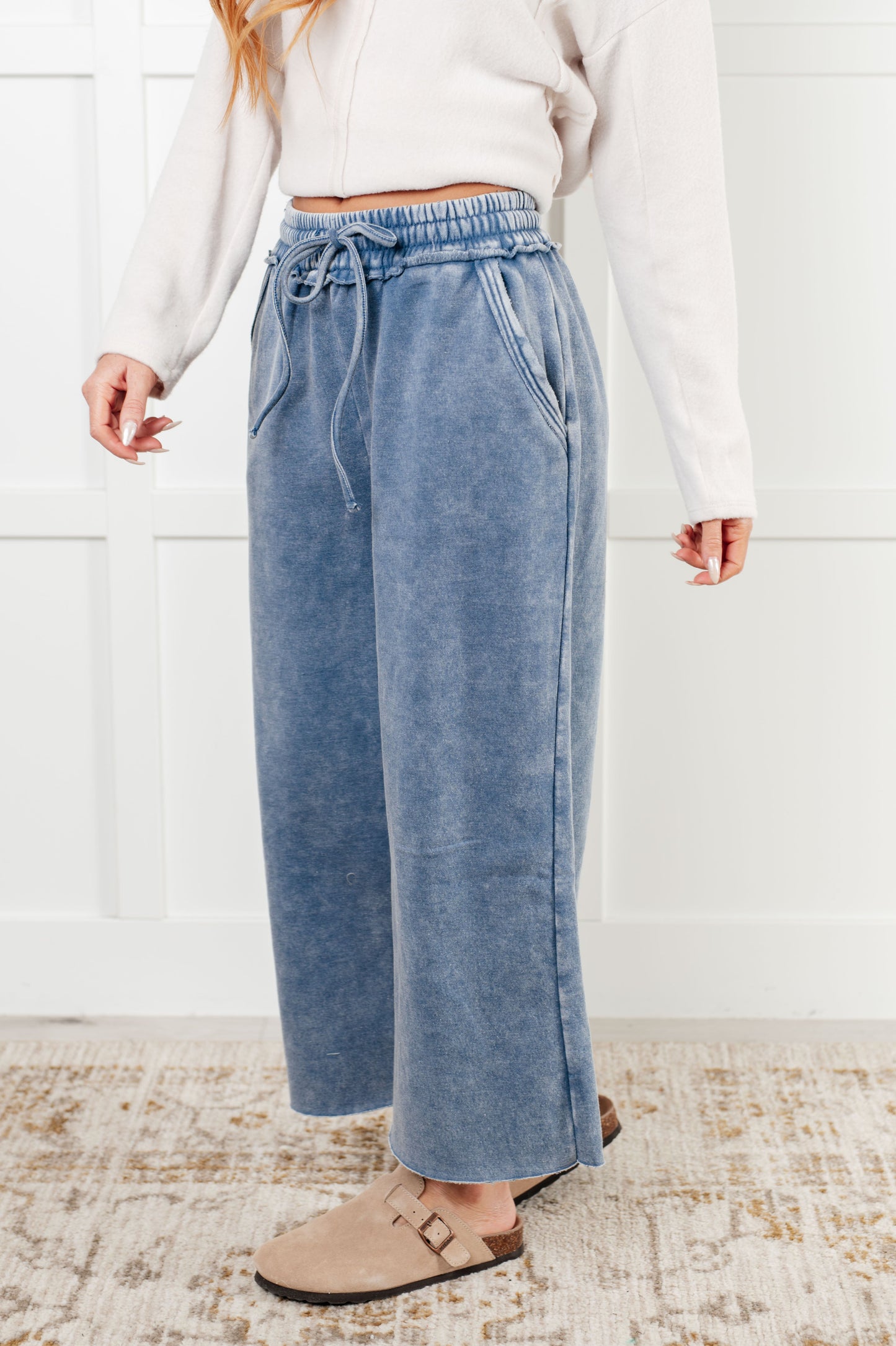 In or Out Wide Leg Cropped Pants in Dusty Blue