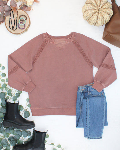 Michelle Mae Lace Accent Vintage Wash Pullover - Brown
