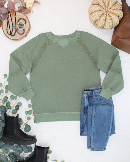 Michelle Mae Lace Accent Vintage Wash Pullover - Olive