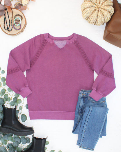 Michelle Mae Lace Accent Vintage Wash Pullover - Purple