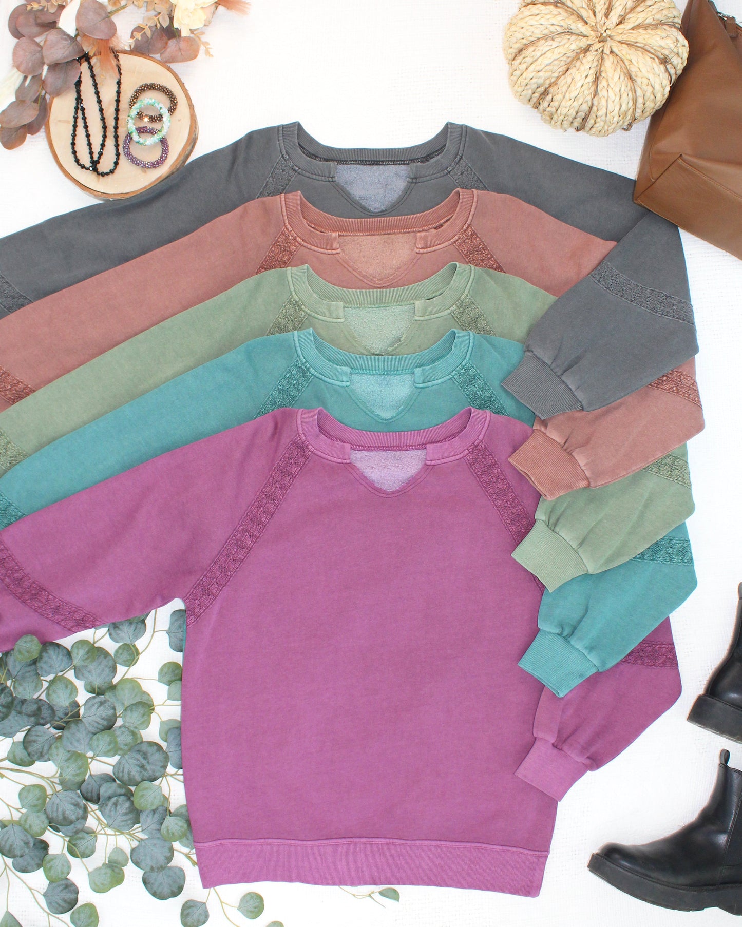 Michelle Mae Lace Accent Vintage Wash Pullover - Purple