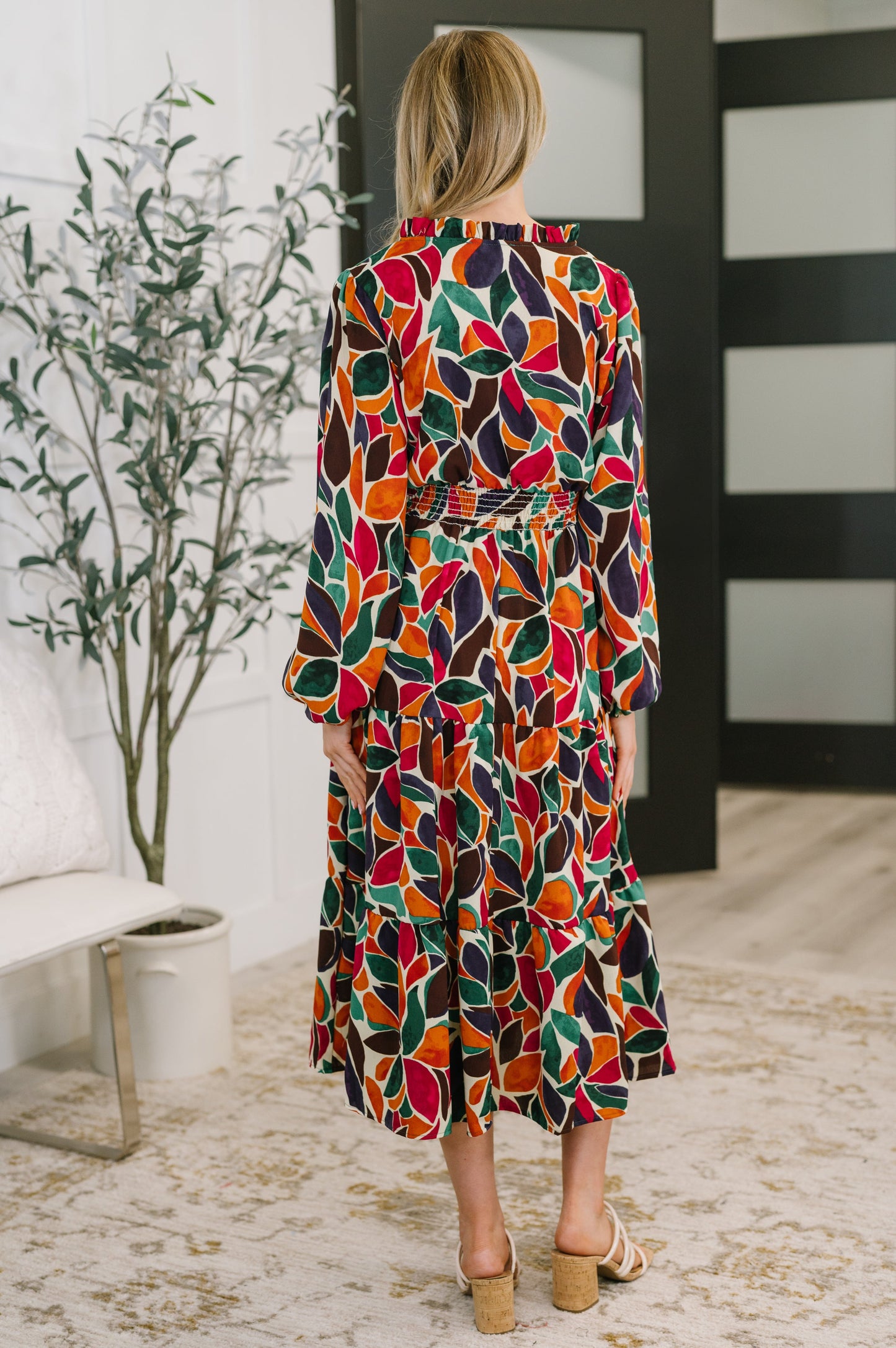 Leafing it All Behind Long Sleeve Tiered Dress