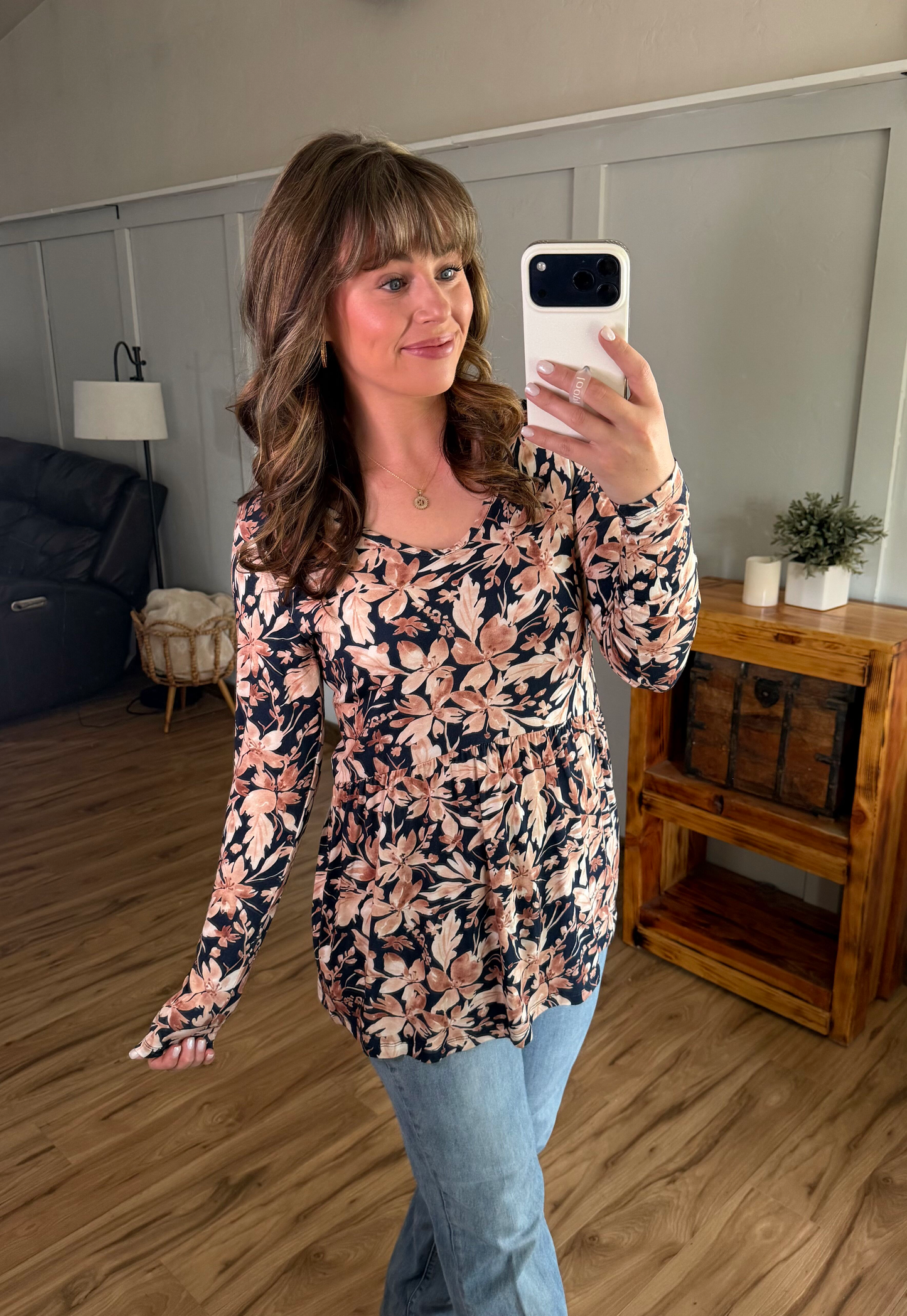 Michelle Mae Long Sleeve Sarah Ruffle Top - Navy Autumn Petals