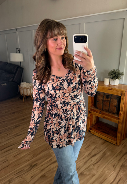 Michelle Mae Long Sleeve Sarah Ruffle Top - Navy Autumn Petals