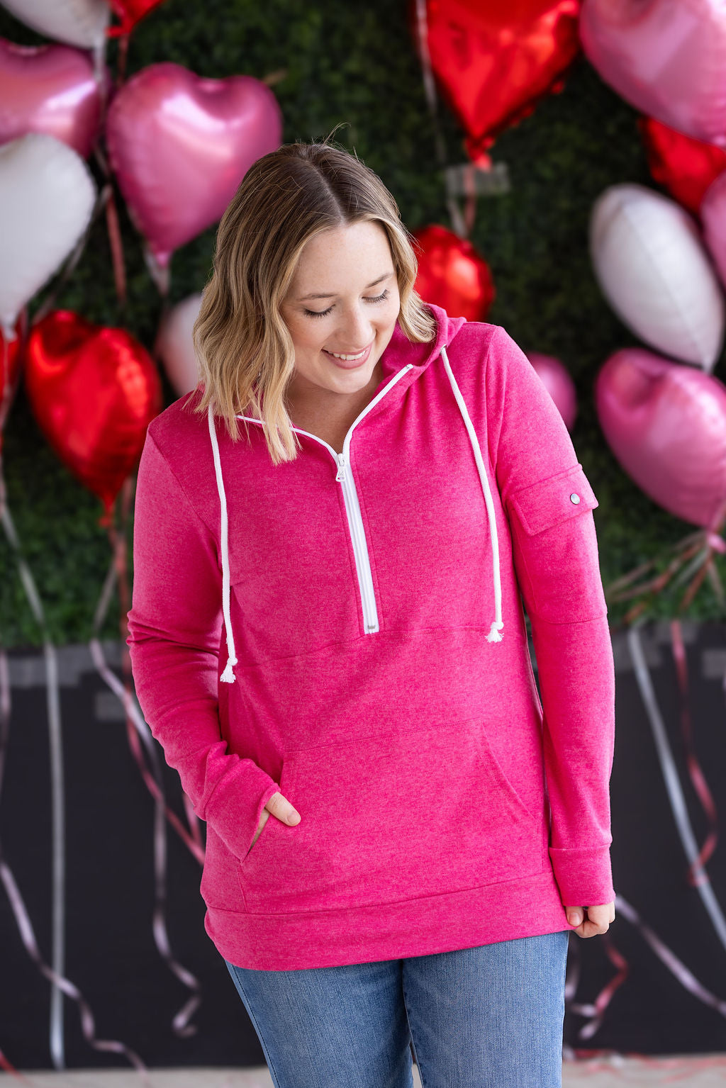 Michelle Mae Pixie Pocket Halfzip Hoodie - Hot Pink