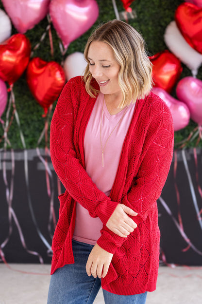 Michelle Mae Open Knit Cardigan - Red