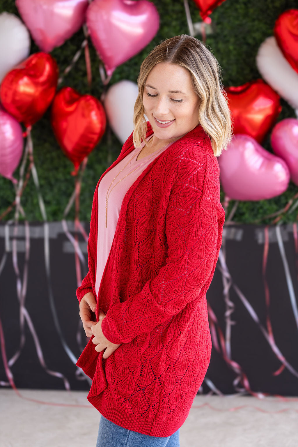 Michelle Mae Open Knit Cardigan - Red