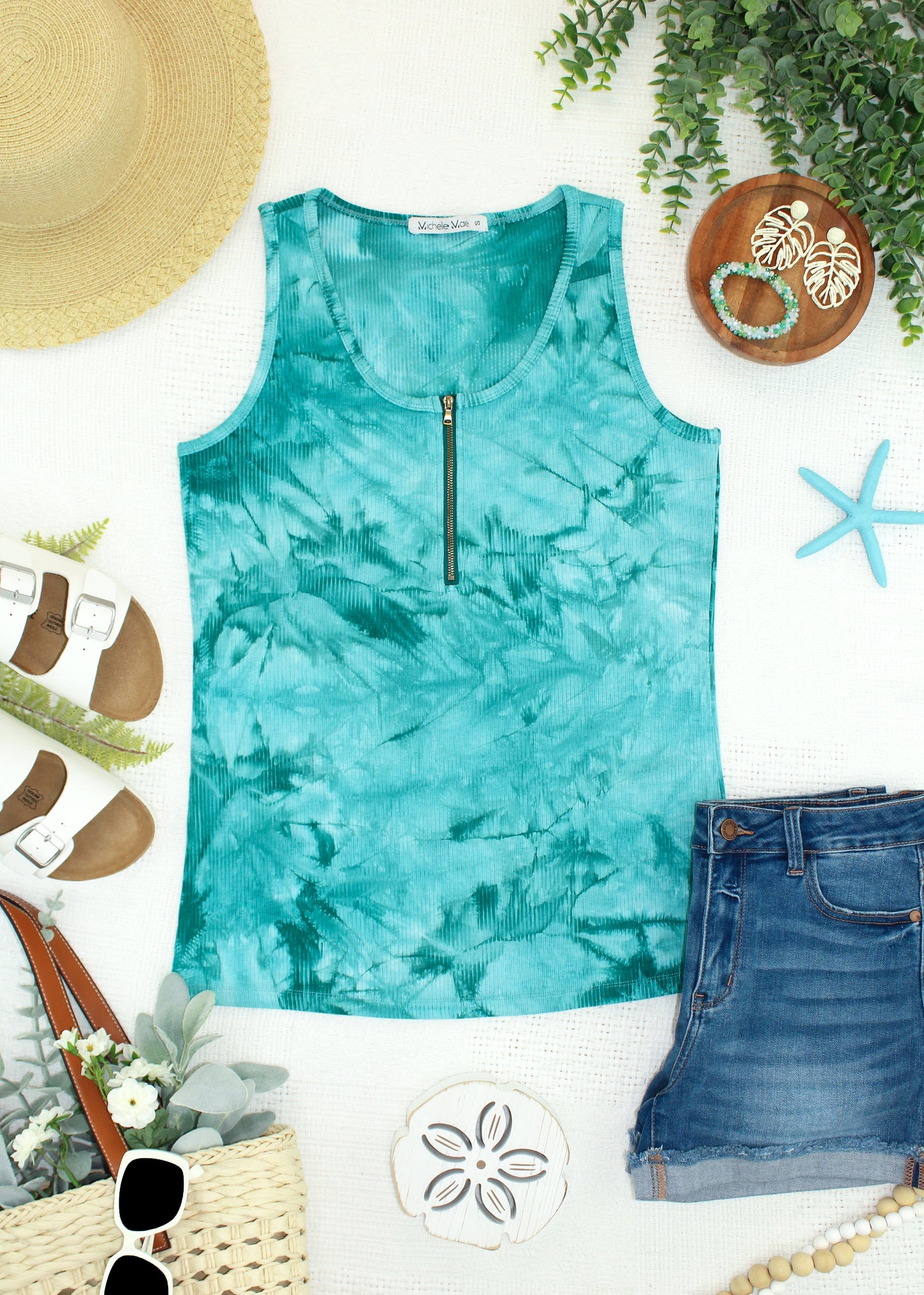 Michelle Mae Mila Zipper Tank - Teal Tie Dye