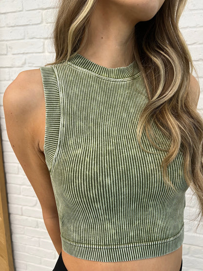 Over and Out Cropped Ribbed Tank in Ash Olive