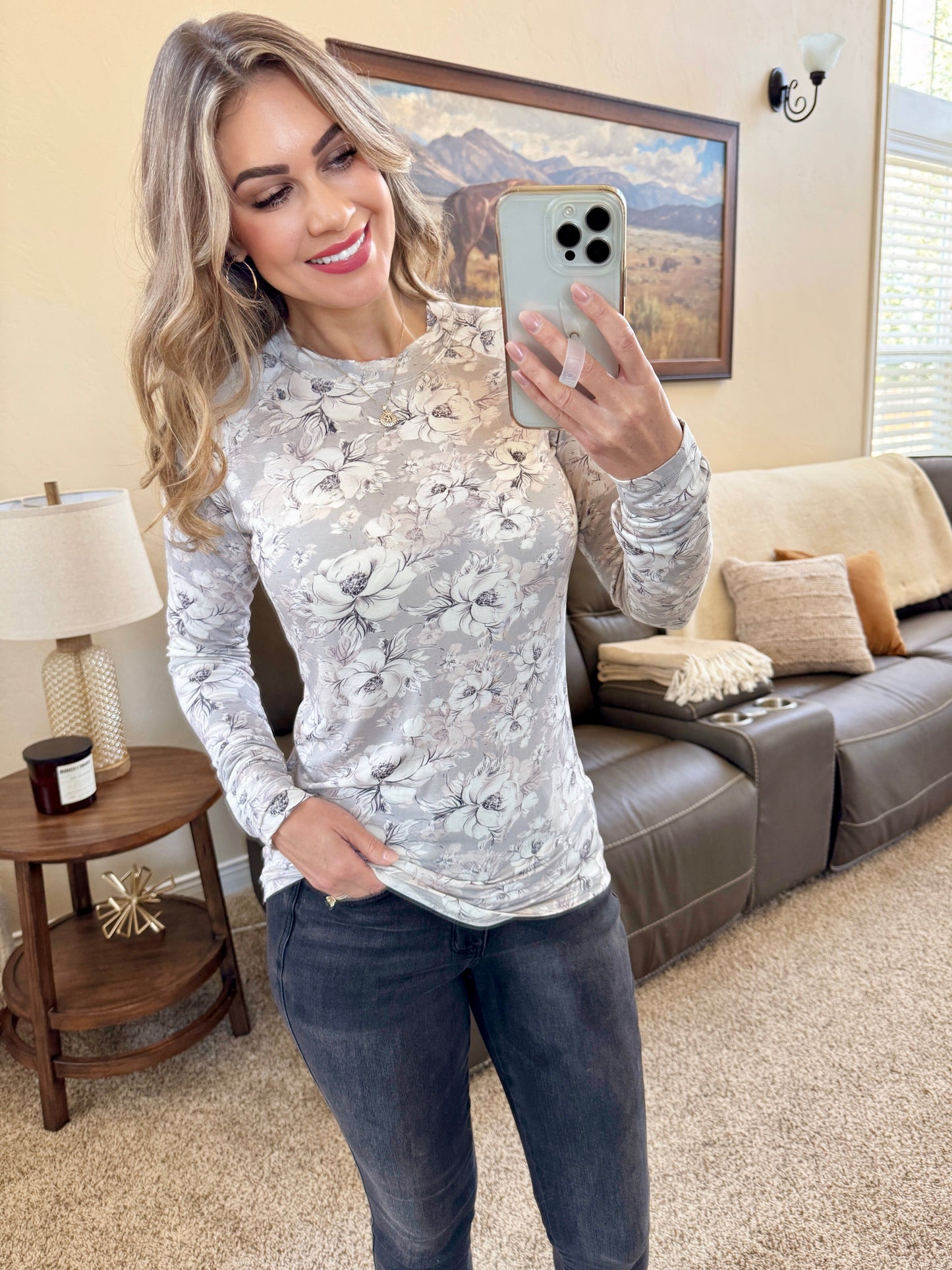 Michelle Mae Blair Long Sleeve Top - Vintage Grey Floral