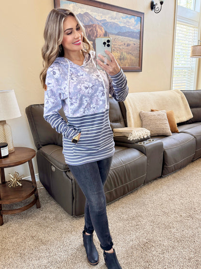 Michelle Mae Hailey Pullover Hoodie - Vintage Grey Floral and Stripes