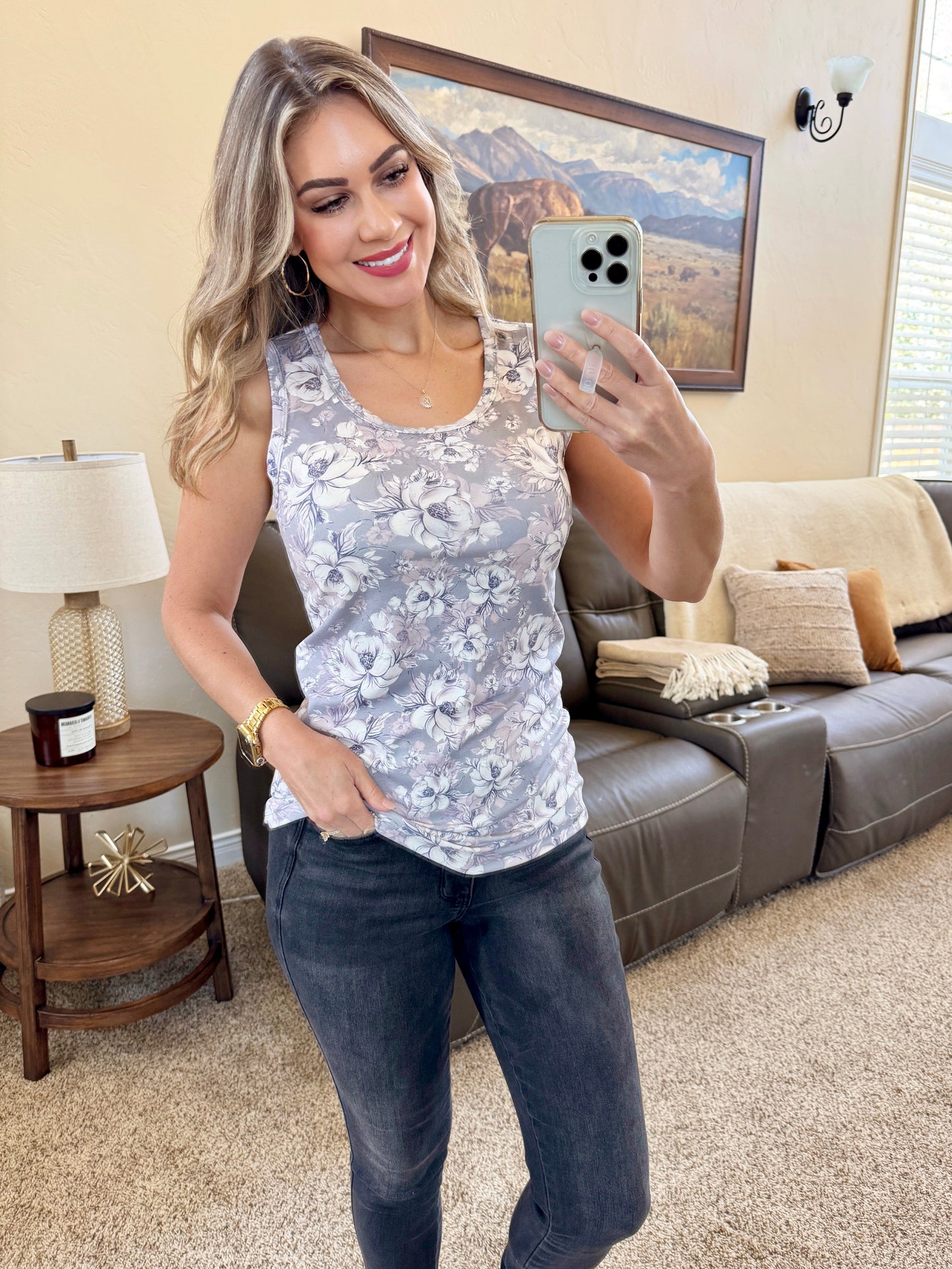 Michelle Mae Ava Tank - Vintage Grey Floral